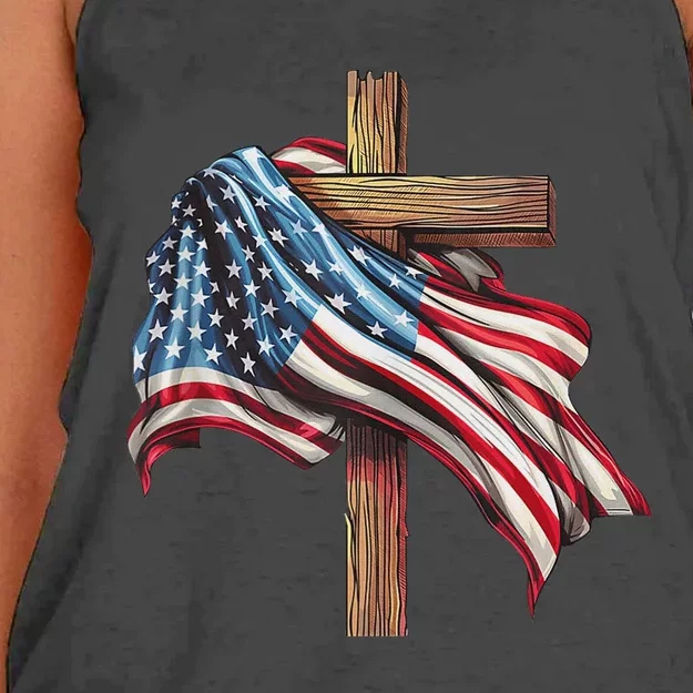 American Flag Christian Cross Jesus Patriotic Women's Knotted Racerback Tank