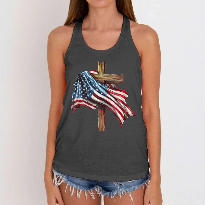 American Flag Christian Cross Jesus Patriotic Women's Knotted Racerback Tank