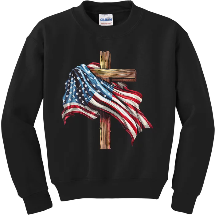 American Flag Christian Cross Jesus Patriotic Kids Sweatshirt