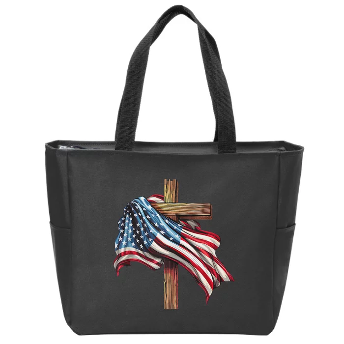 American Flag Christian Cross Jesus Patriotic Zip Tote Bag