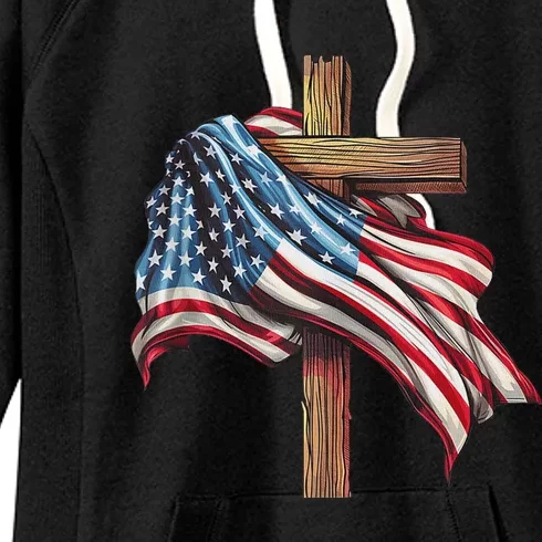 American Flag Christian Cross Jesus 4th Of July Patriotic Women's Fleece Hoodie