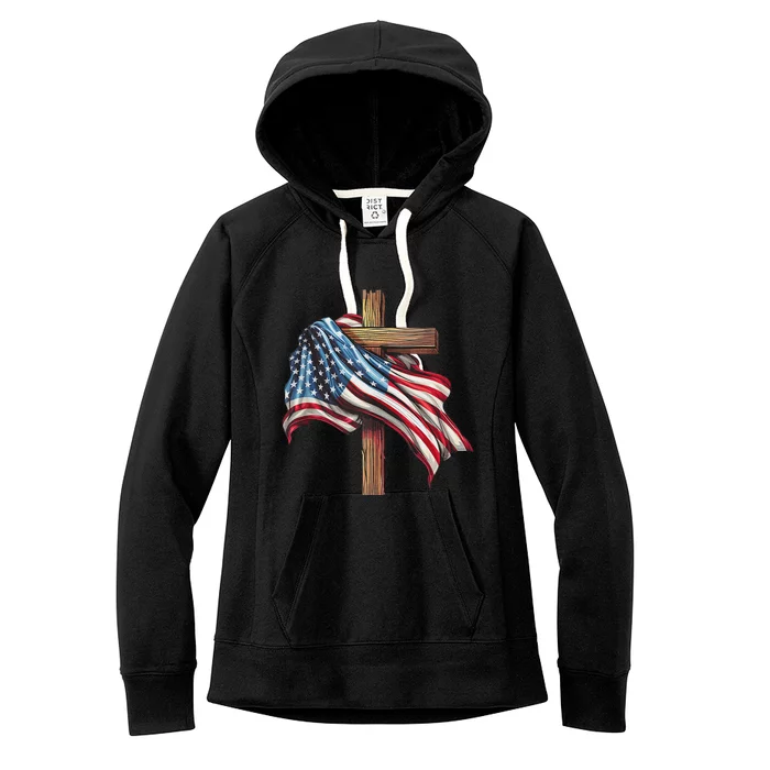 American Flag Christian Cross Jesus 4th Of July Patriotic Women's Fleece Hoodie