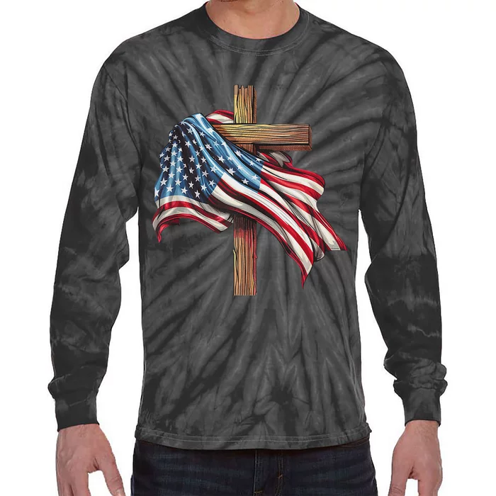 American Flag Christian Cross Jesus 4th Of July Patriotic Tie-Dye Long Sleeve Shirt