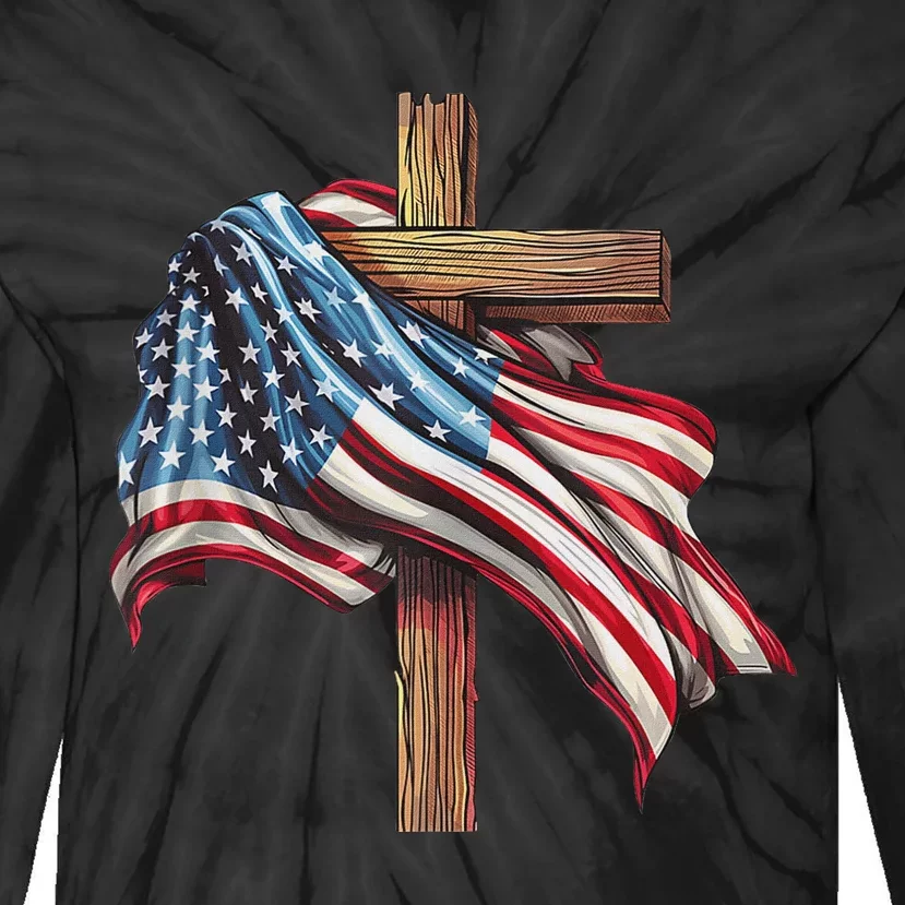 American Flag Christian Cross Jesus 4th Of July Patriotic Tie-Dye Long Sleeve Shirt