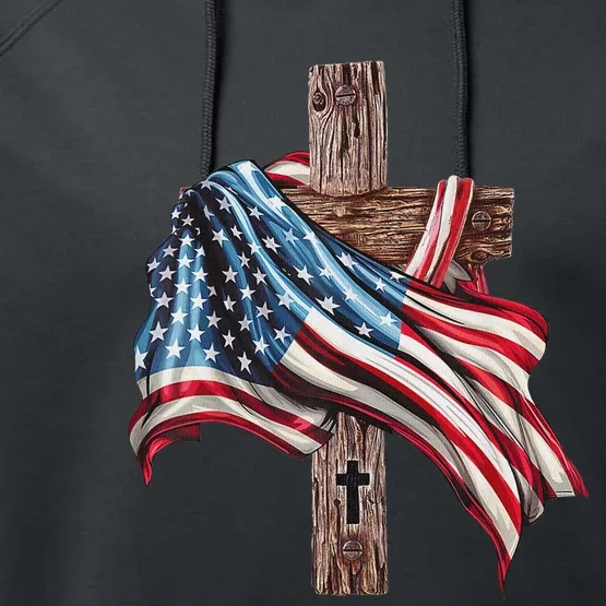 American Flag Christian Cross Jesus 4th Of July Women Performance Fleece Hoodie