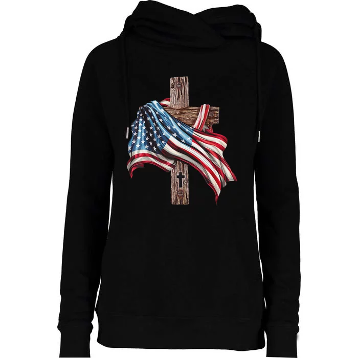 American Flag Christian Cross Jesus 4th Of July Women Womens Funnel Neck Pullover Hood