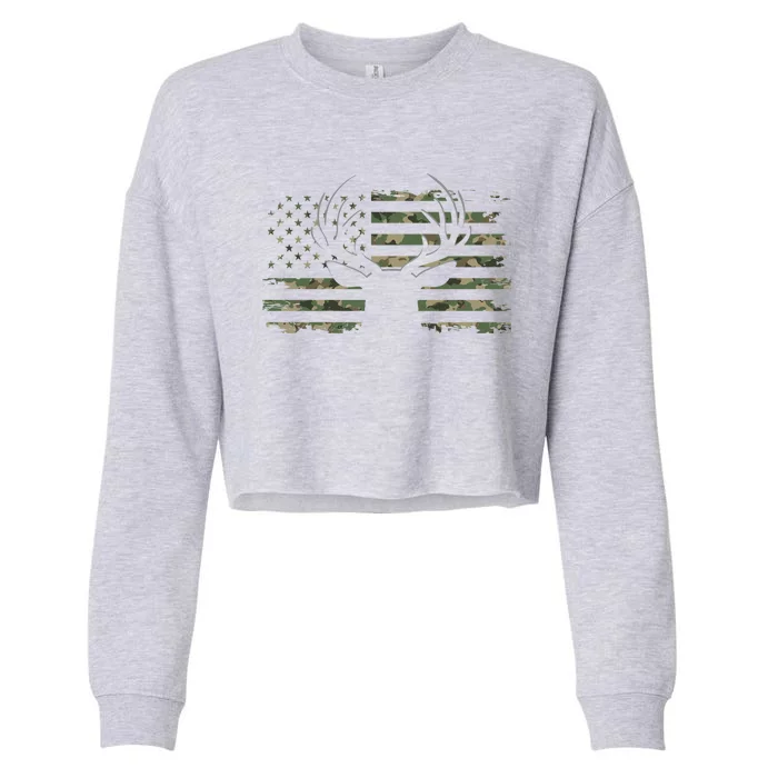 American Flag Camouflage Outdoor Antlers Deer Cool Gift Cropped Pullover Crew