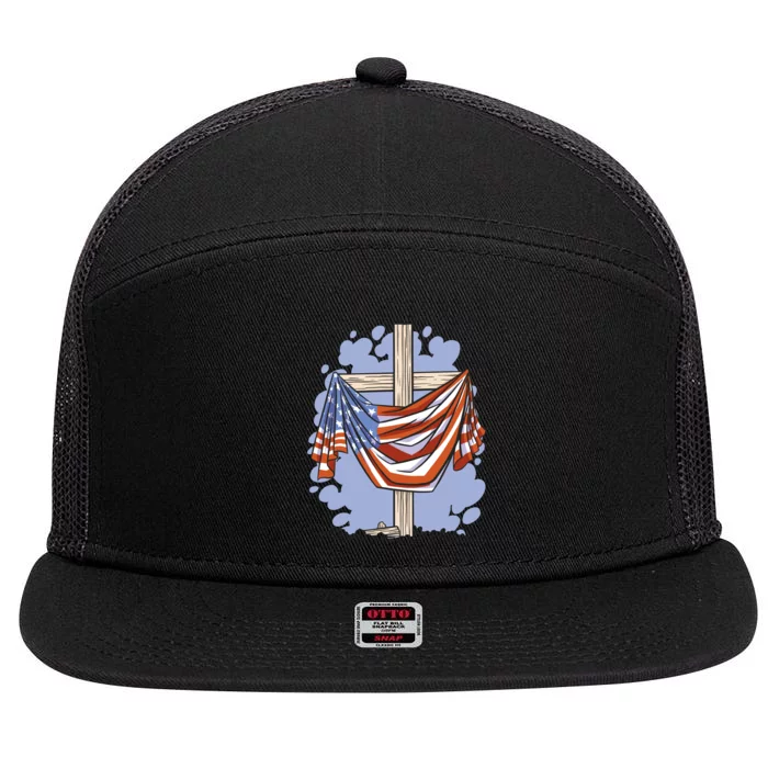 American Flag Cross 7 Panel Mesh Trucker Snapback Hat