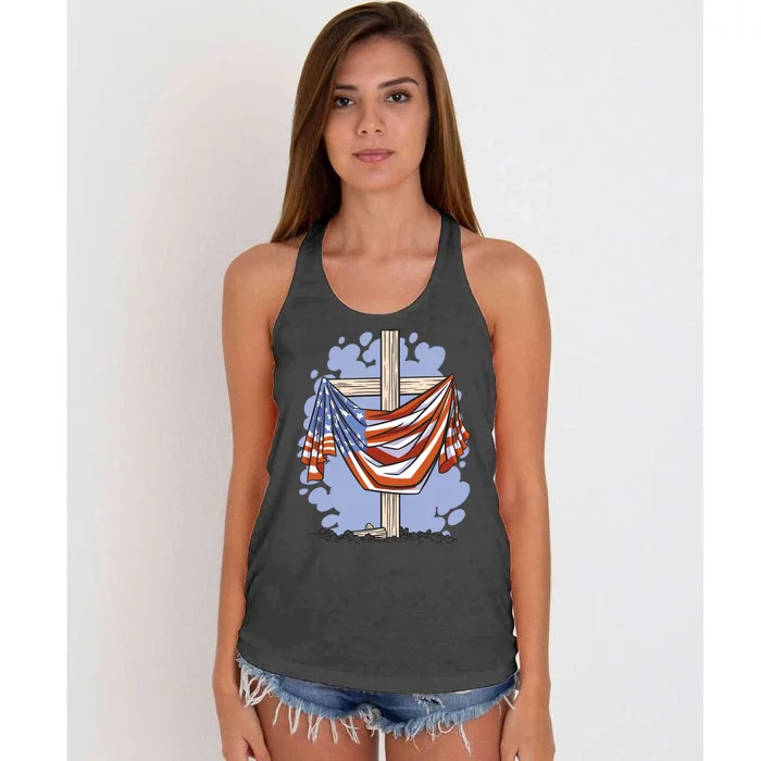 American Flag Cross Women's Knotted Racerback Tank