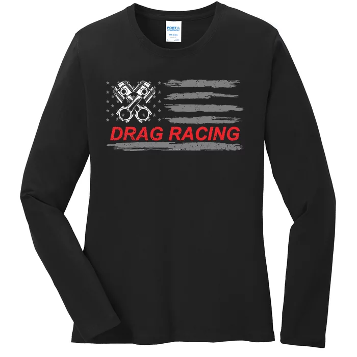 American Flag Drag Racing Car Lover Gift Idea Mm Ladies Long Sleeve Shirt