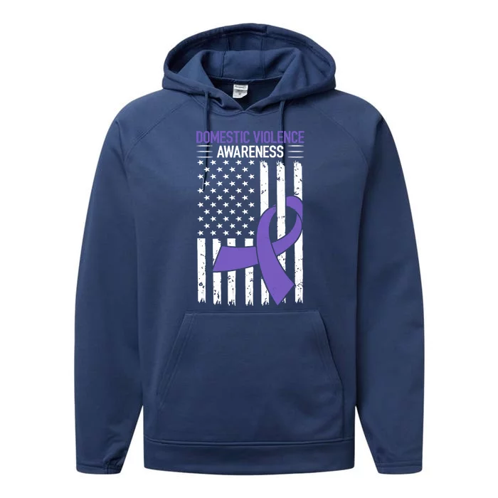 American Flag Domestic Violence Awareness Cool Purple Ribbon Performance Fleece Hoodie