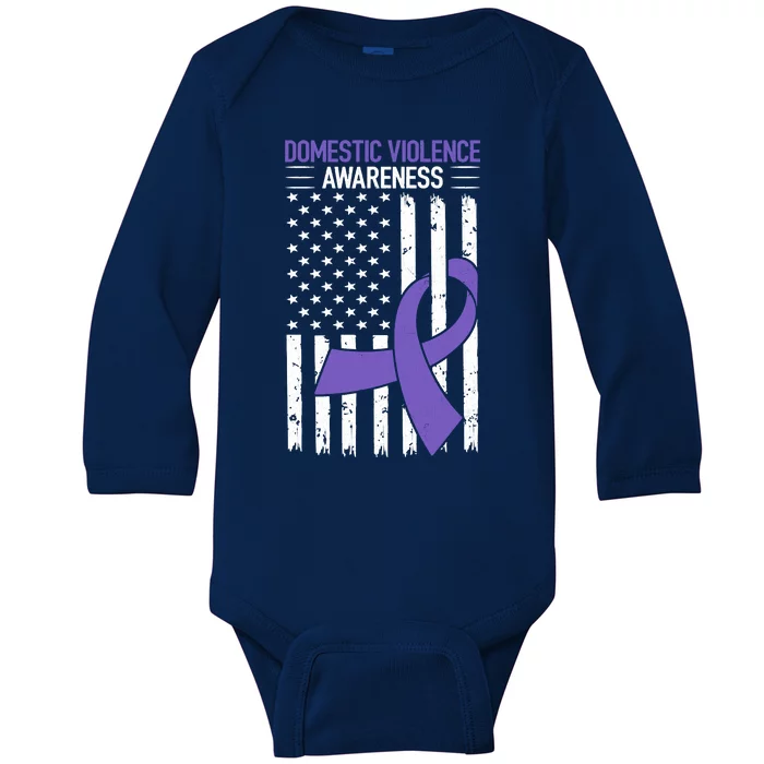 American Flag Domestic Violence Awareness Cool Purple Ribbon Baby Long Sleeve Bodysuit