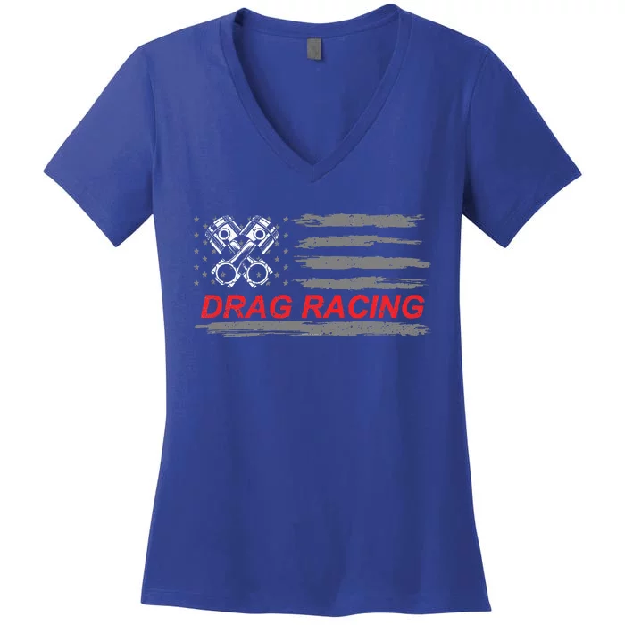 American Flag Drag Racing Car Lover Women's V-Neck T-Shirt