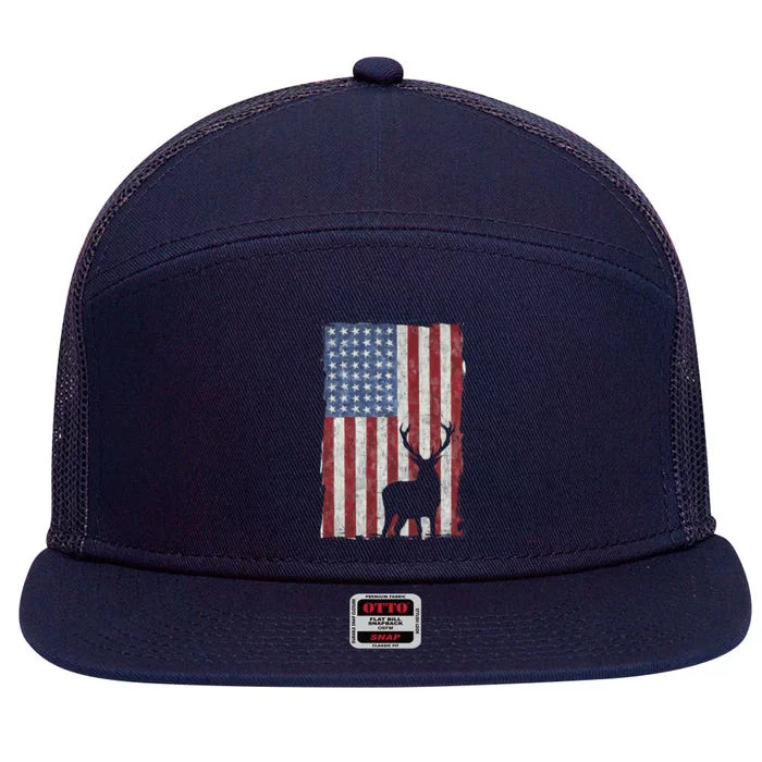 American Flag Deer Hunting Distressed USA 7 Panel Mesh Trucker Snapback Hat