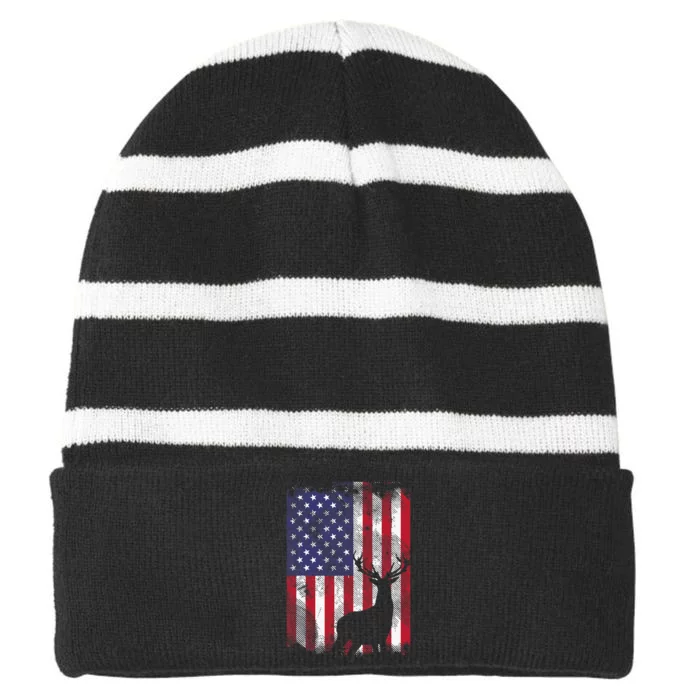 American Flag Deer Elk Hunting USA Patriotic Hunter Gift Striped Beanie with Solid Band