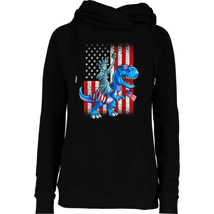 American Flag Dino Statue Of Liberty 4th Of July Gift Womens Funnel Neck Pullover Hood