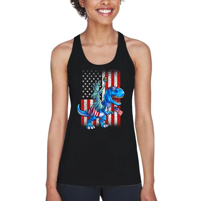 American Flag Dino Statue Of Liberty 4th Of July Gift Women's Racerback Tank