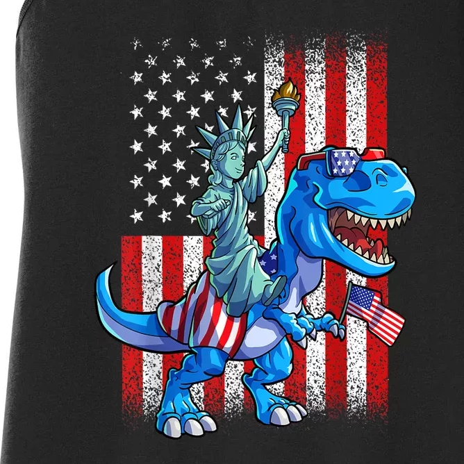 American Flag Dino Statue Of Liberty 4th Of July Gift Women's Racerback Tank