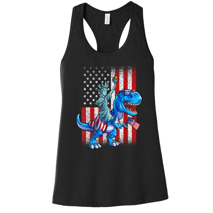 American Flag Dino Statue Of Liberty 4th Of July Gift Women's Racerback Tank