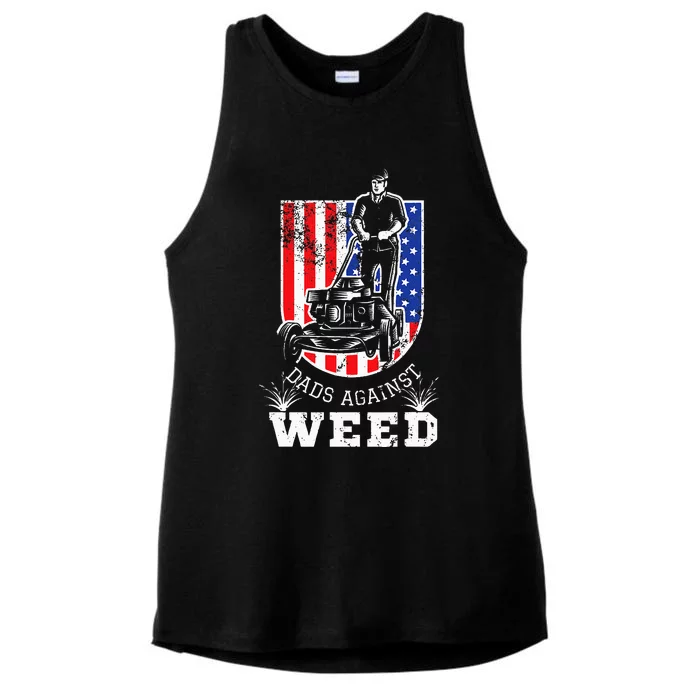 American Flag Dads Against Weed Funny Lawn Mowing Fathers Ladies Tri-Blend Wicking Tank