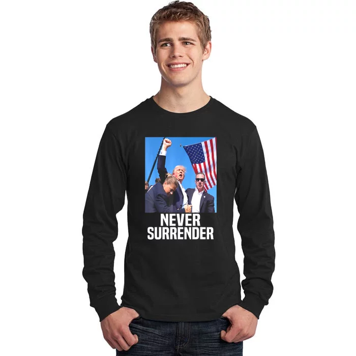 American Flag Donald Trump Shot Never Surrender 2024 Gift Tall Long Sleeve T-Shirt