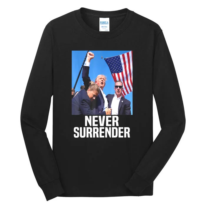 American Flag Donald Trump Shot Never Surrender 2024 Gift Tall Long Sleeve T-Shirt