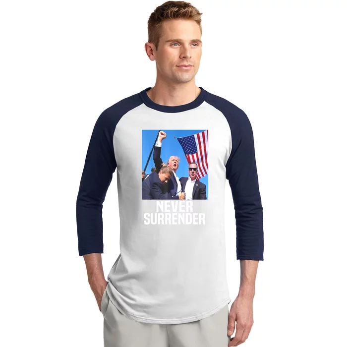 American Flag Donald Trump Shot Never Surrender 2024 Gift Baseball Sleeve Shirt