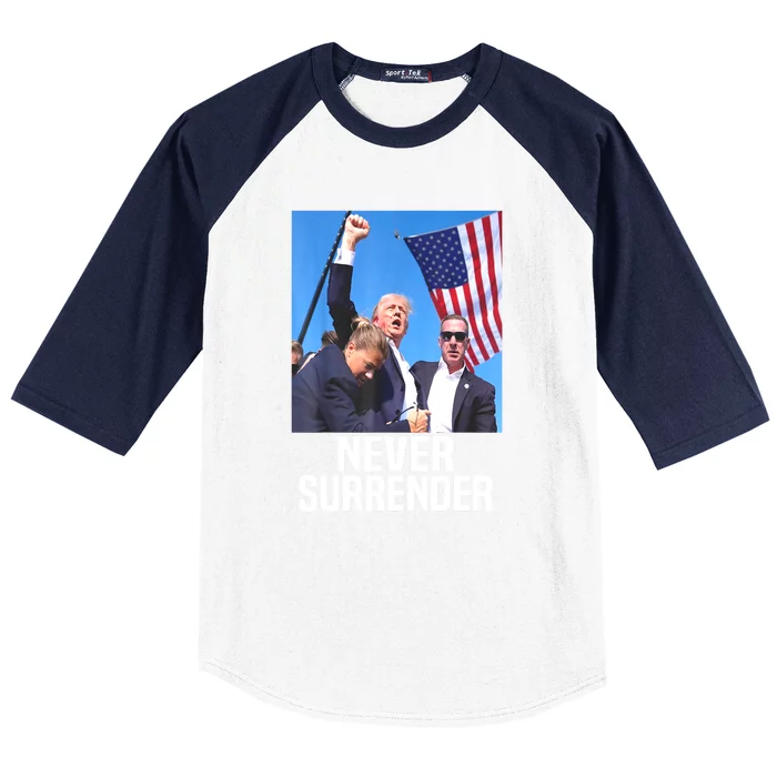 American Flag Donald Trump Shot Never Surrender 2024 Gift Baseball Sleeve Shirt