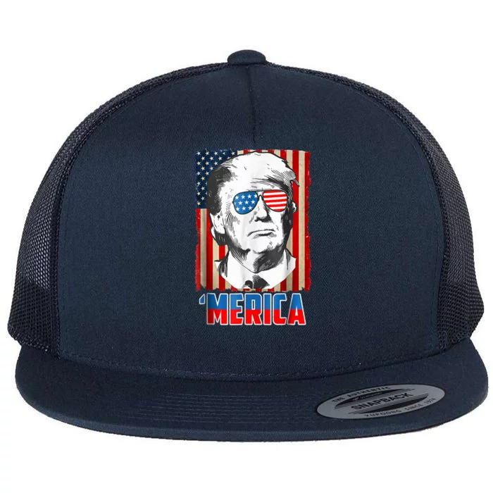 American Flag Donald Trump Merica 4th Of July Graphic Gift Flat Bill Trucker Hat