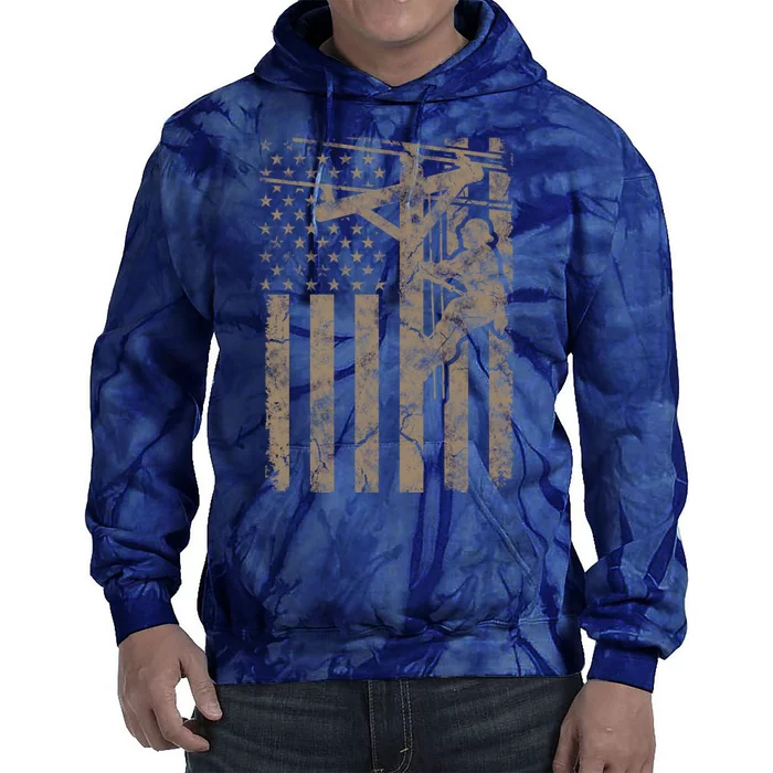 American Flag Distressed Patriotic Electric Cable Lineman Gift Tie Dye Hoodie