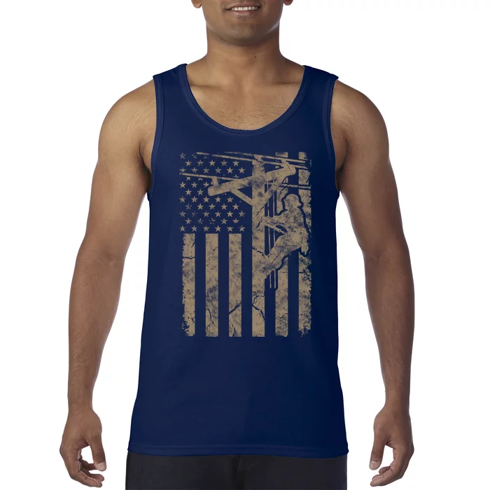 American Flag Distressed Patriotic Electric Cable Lineman Gift Tank Top