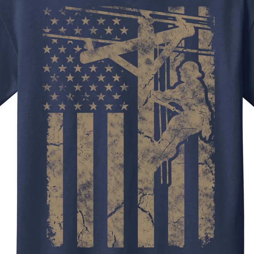 American Flag Distressed Patriotic Electric Cable Lineman Gift Kids T-Shirt