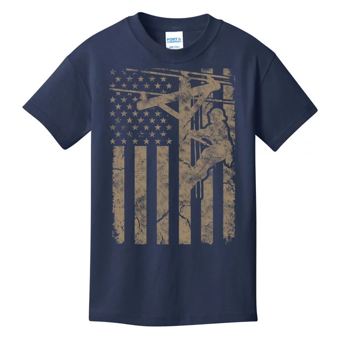 American Flag Distressed Patriotic Electric Cable Lineman Gift Kids T-Shirt