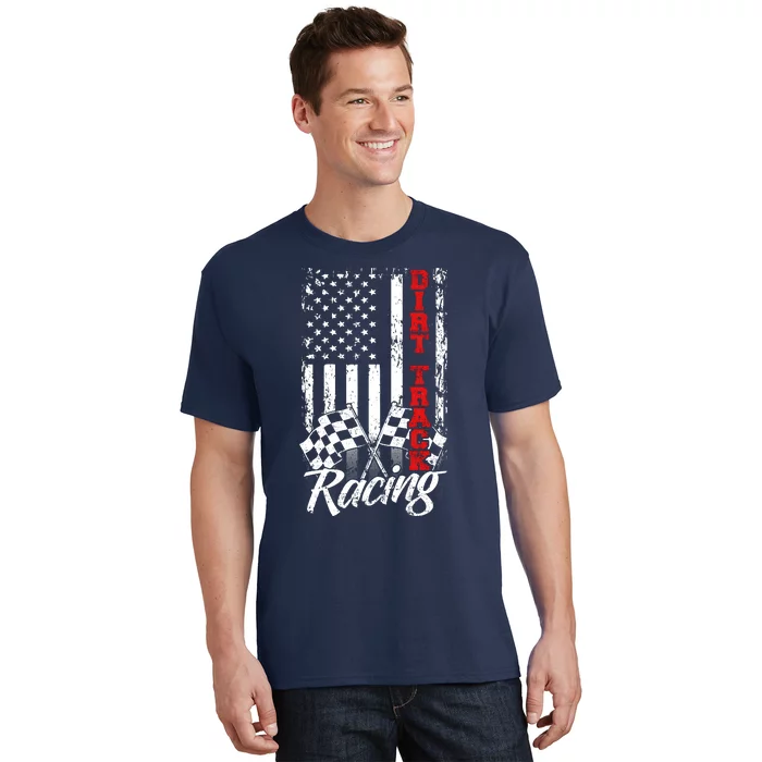 American Flag Dirt Track Racing Car Bike Driver Back Print T-Shirt