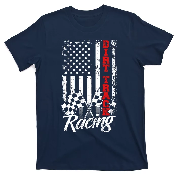 American Flag Dirt Track Racing Car Bike Driver Back Print T-Shirt