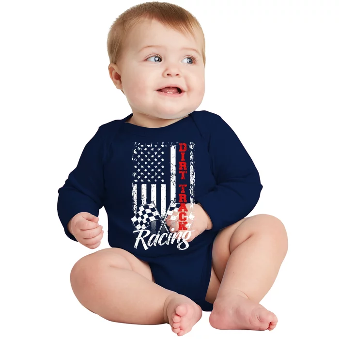 American Flag Dirt Track Racing Car Bike Driver Back Print Baby Long Sleeve Bodysuit