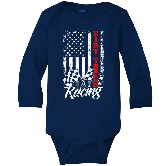 American Flag Dirt Track Racing Car Bike Driver Back Print Baby Long Sleeve Bodysuit