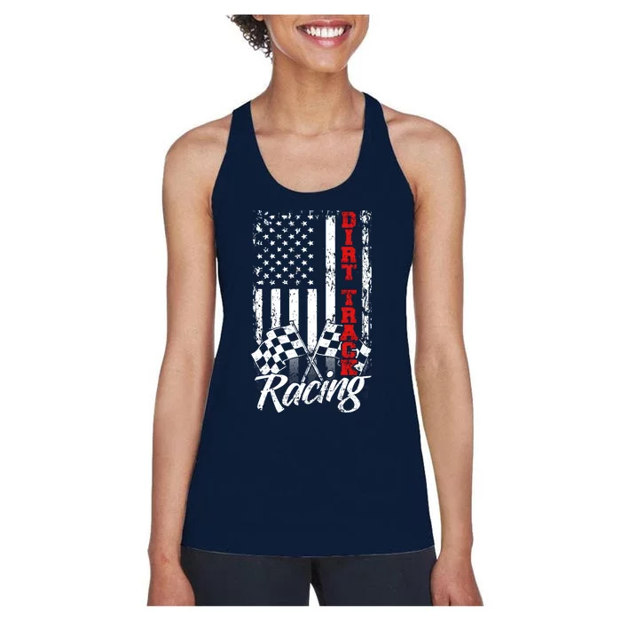 American Flag Dirt Track Racing Car Bike Driver Back Print Women's Racerback Tank