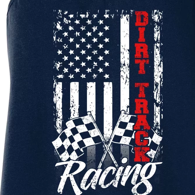 American Flag Dirt Track Racing Car Bike Driver Back Print Women's Racerback Tank