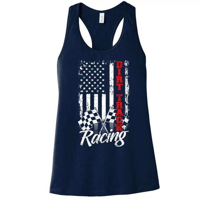 American Flag Dirt Track Racing Car Bike Driver Back Print Women's Racerback Tank