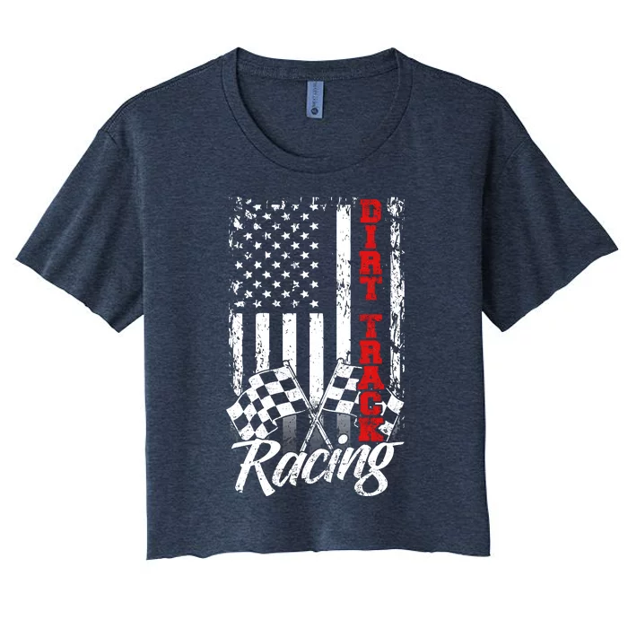 American Flag Dirt Track Racing Car Bike Driver Back Print Women's Crop Top Tee