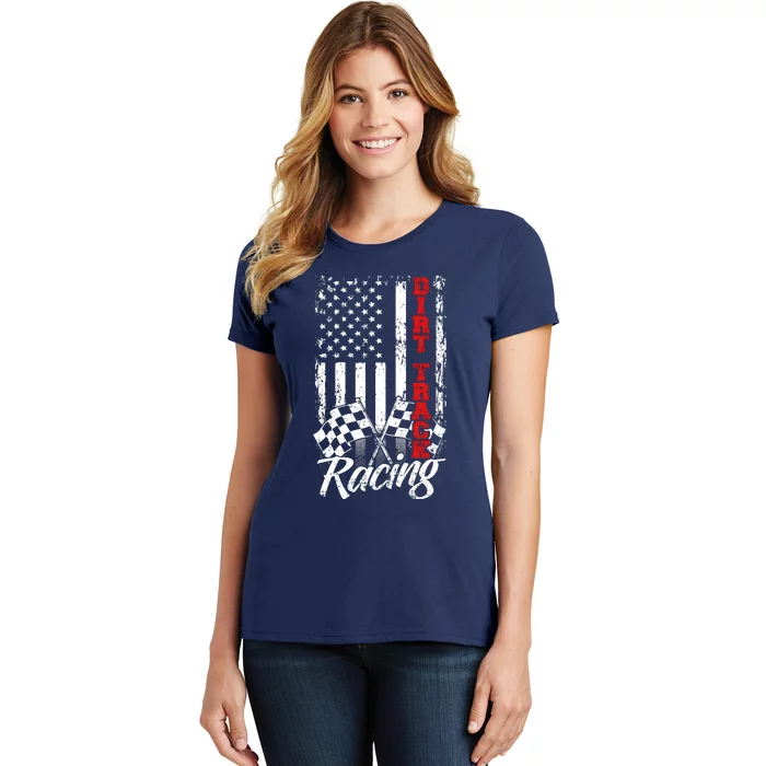 American Flag Dirt Track Racing Car Bike Driver Back Print Women's T-Shirt