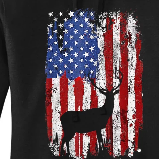 American Flag Deer Hunters Deer on American Flag Women's Pullover Hoodie