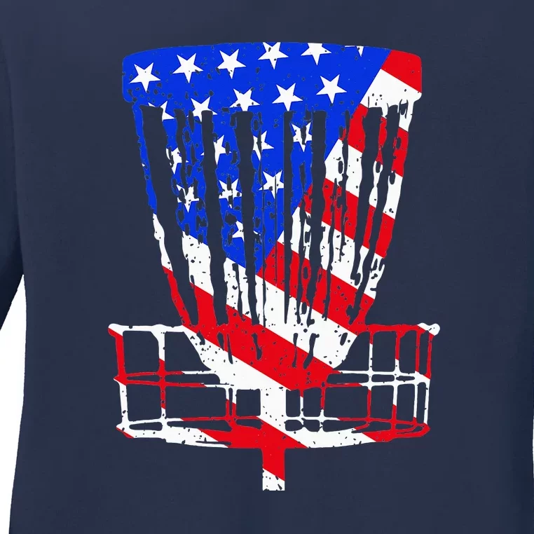 American Flag Disc Golf Basket Love Disc Golfing Ladies Long Sleeve Shirt