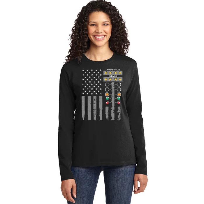 American Flag Drag Racing Strip Tree Light For Dragster Ladies Long Sleeve Shirt