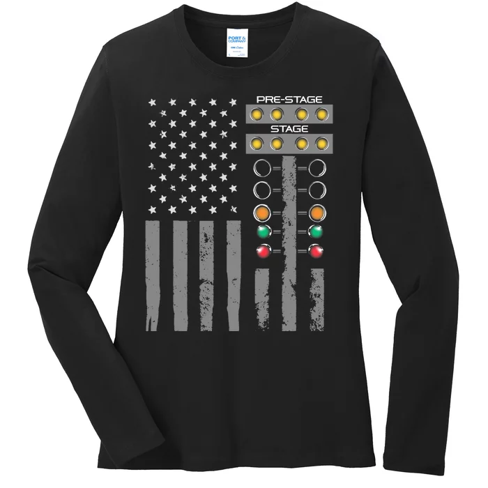 American Flag Drag Racing Strip Tree Light For Dragster Ladies Long Sleeve Shirt