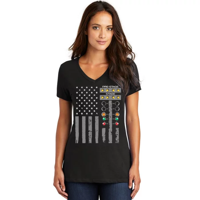 American Flag Drag Racing Strip Tree Light For Dragster Women's V-Neck T-Shirt