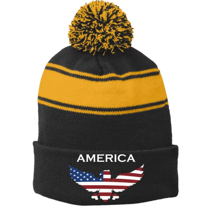 American Flag Eagle Stripe Pom Pom Beanie