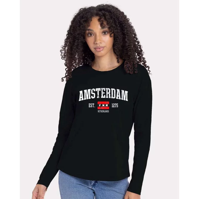 Amsterdam Flag Est. 1275 Netherlands Souvenir Retro Womens Cotton Relaxed Long Sleeve T-Shirt