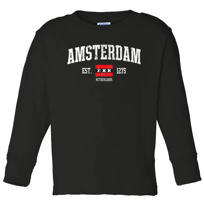 Amsterdam Flag Est. 1275 Netherlands Souvenir Retro Toddler Long Sleeve Shirt